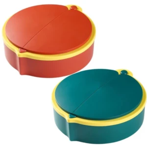 Organizador multipropósito con tapa dividida en rojo y amarillo, y otro en verde y amarillo.