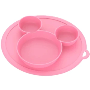 Plato rosa de silicona para bebés con diseño de ratón, antideslizante, ideal para comidas.