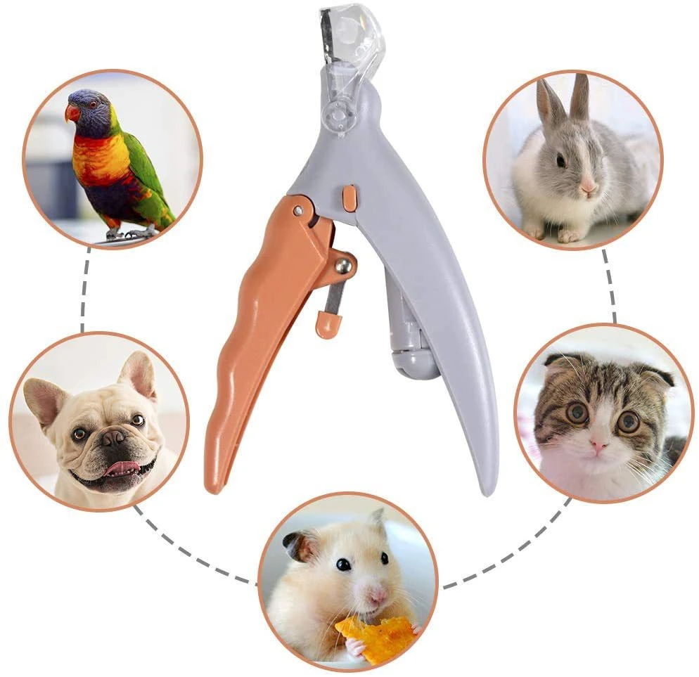 Cortaúñas para mascotas color gris y naranja con lupa, luz LED integrada y protector transparente, rodeado por imágenes de pájaro, conejo, perro y hámster.