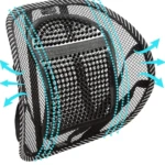 Cojín lumbar de malla negra transpirable con masajeador de cuentas, ideal para silla o asiento de coche.