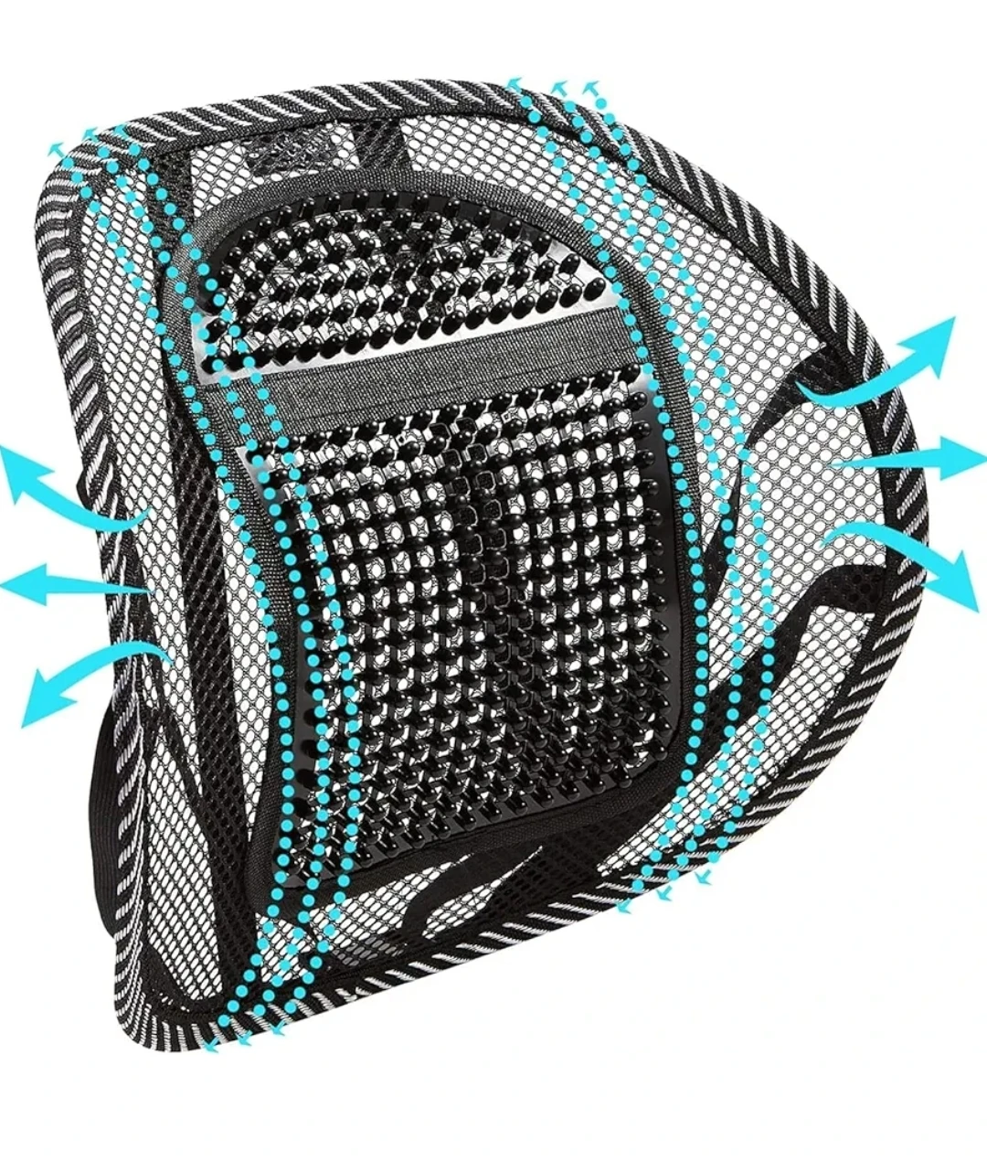 Cojín lumbar de malla negra transpirable con masajeador de cuentas, ideal para silla o asiento de coche.
