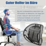 Cojín lumbar de malla transpirable, negro, con diseño ergonómico para silla de oficina y apoyo de espalda.