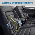 Cojín lumbar de malla negra transpirable para asiento de auto, con flechas indicando flujo de aire y soporte.