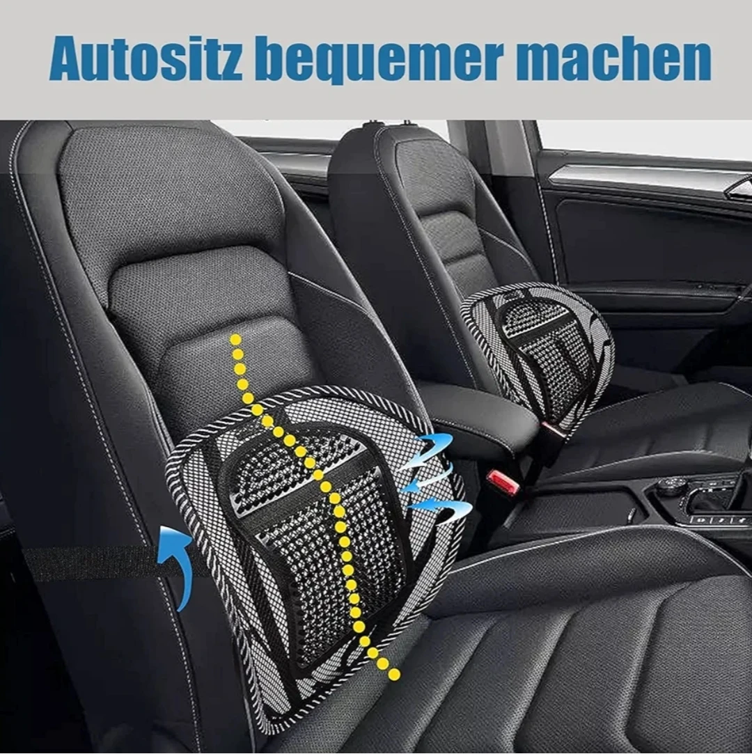 Cojín lumbar de malla negra transpirable para asiento de auto, con flechas indicando flujo de aire y soporte.