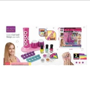 Set de manicura para niñas con base organizadora rosa, tres esmaltes, separadores de dedos, brillos, decoraciones y caja de 34.5 por 29 cm con accesorios.