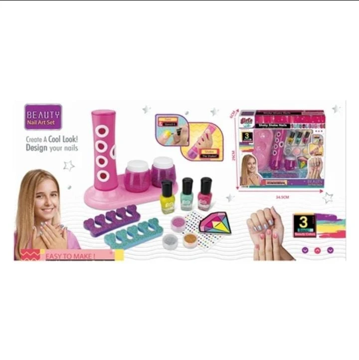 Set de manicura para niñas con base organizadora rosa, tres esmaltes, separadores de dedos, brillos, decoraciones y caja de 34.5 por 29 cm con accesorios.