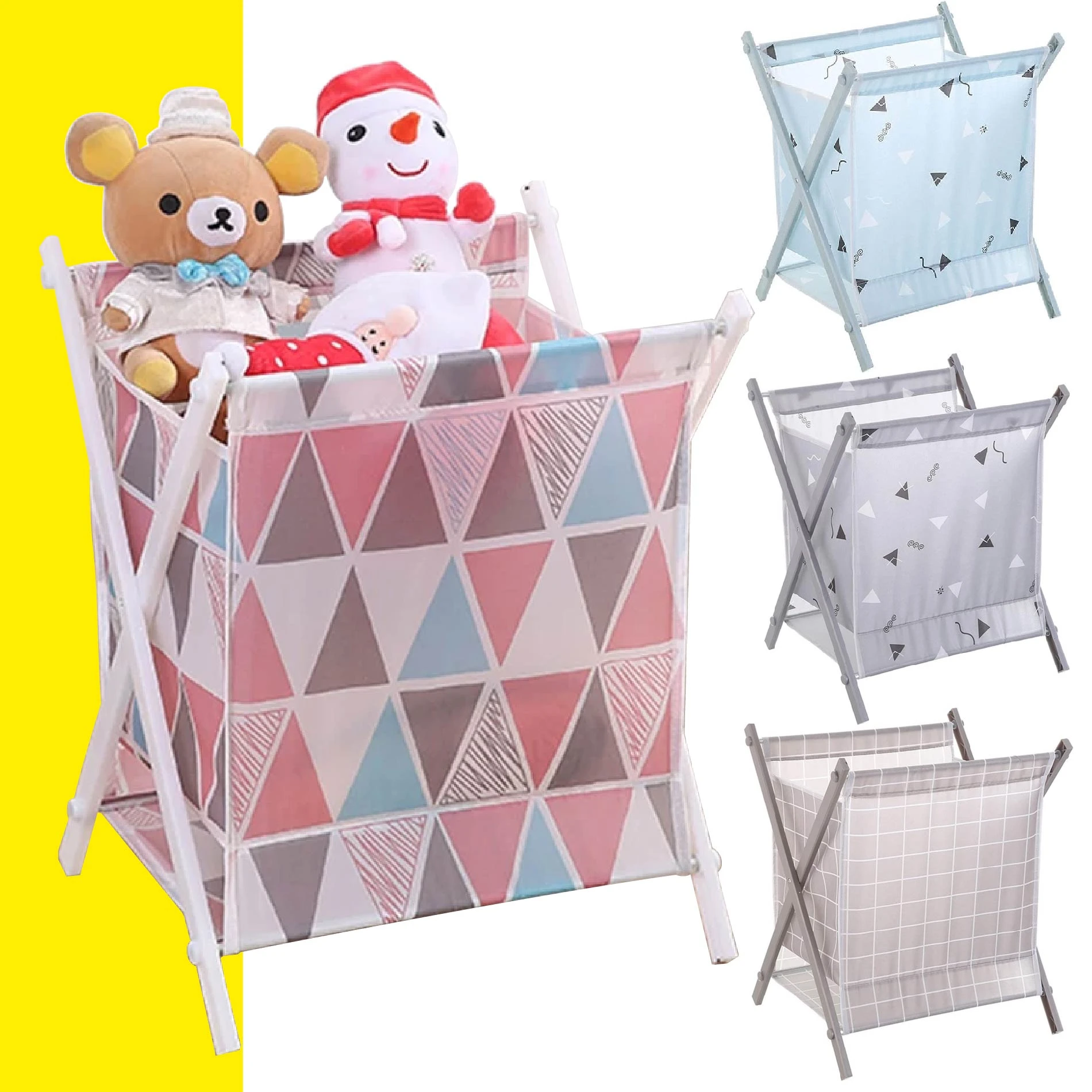 Canastas plegables para ropa/juguetes, variadas: geométrica rosa/azul, gris patrones, cuadros gris.