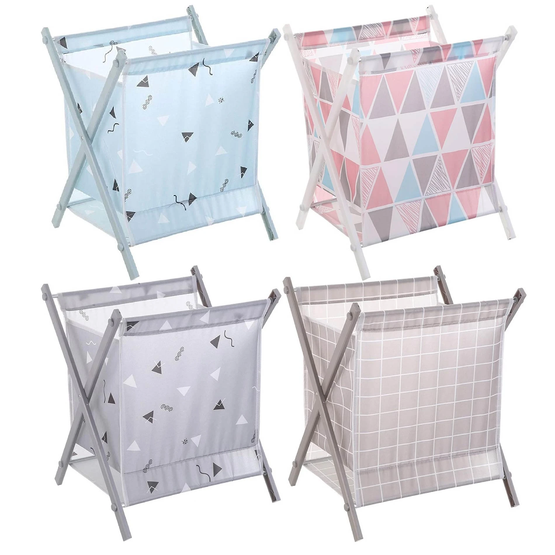 Cuatro canastas plegables para ropa sucia o juguetes con estructura en X, estampados geométricos: azul claro, rosa/gris, gris triángulos, y gris cuadros.