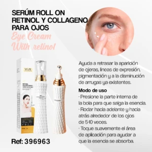 Serum roll-on para ojos con retinol y colágeno, textura blanca y dorada, para líneas de expresión y ojeras.