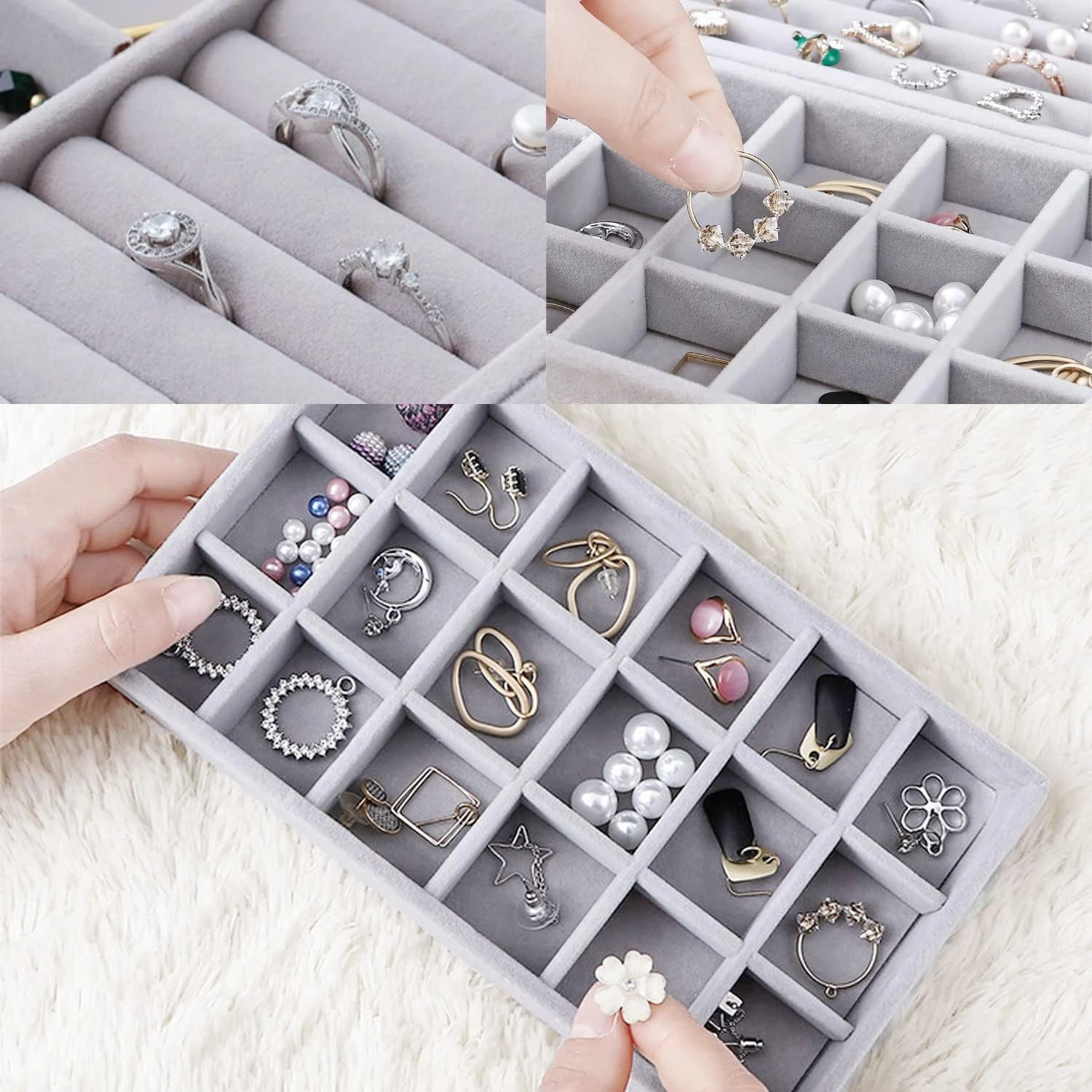 Set joyero organizador de joyas con divisiones, anillos, aretes y pulseras en terciopelo gris.