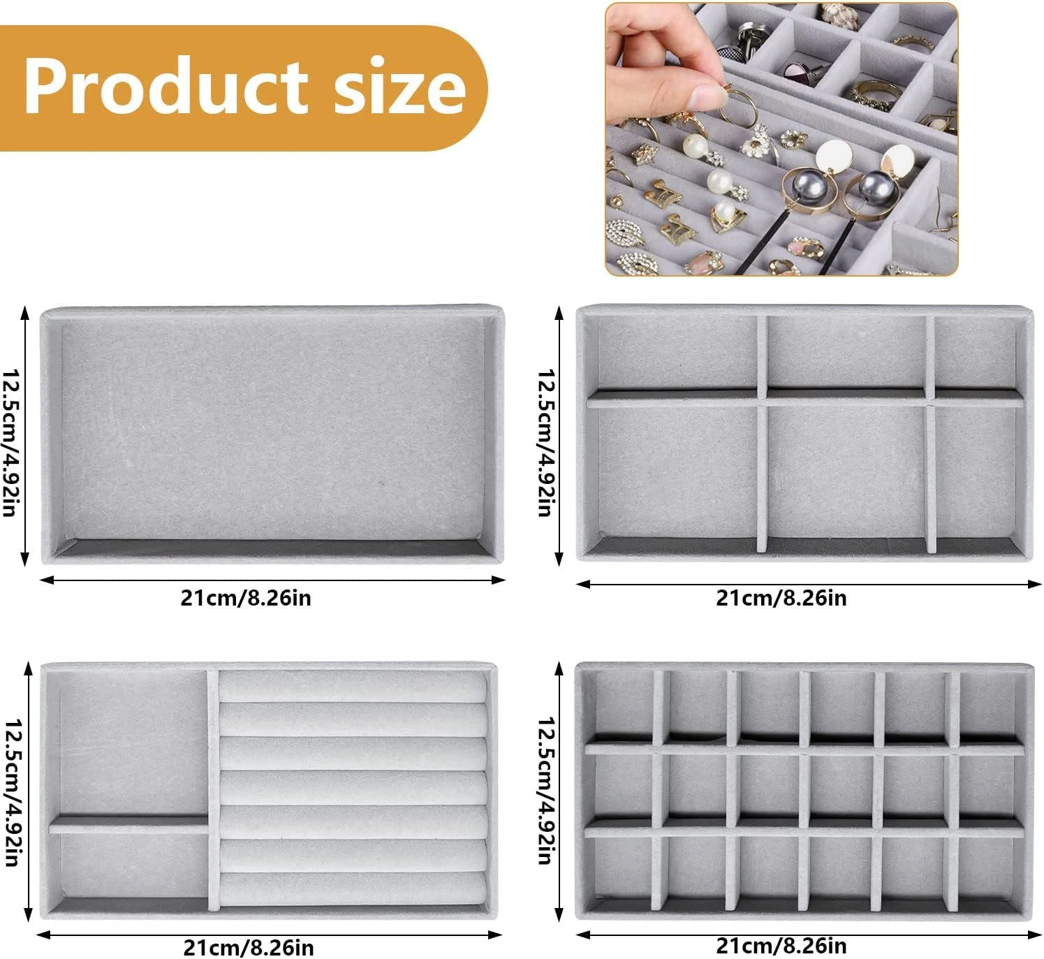 Set de 4 organizadores de joyas grises, 21x12.5cm, compartimentos variados.