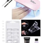 Kit de inicio para uñas en poli gel blanco, incluye lámpara UV LED rosa, espátula pincel doble, tips de uñas, clips de sujeción y solución moldeadora.