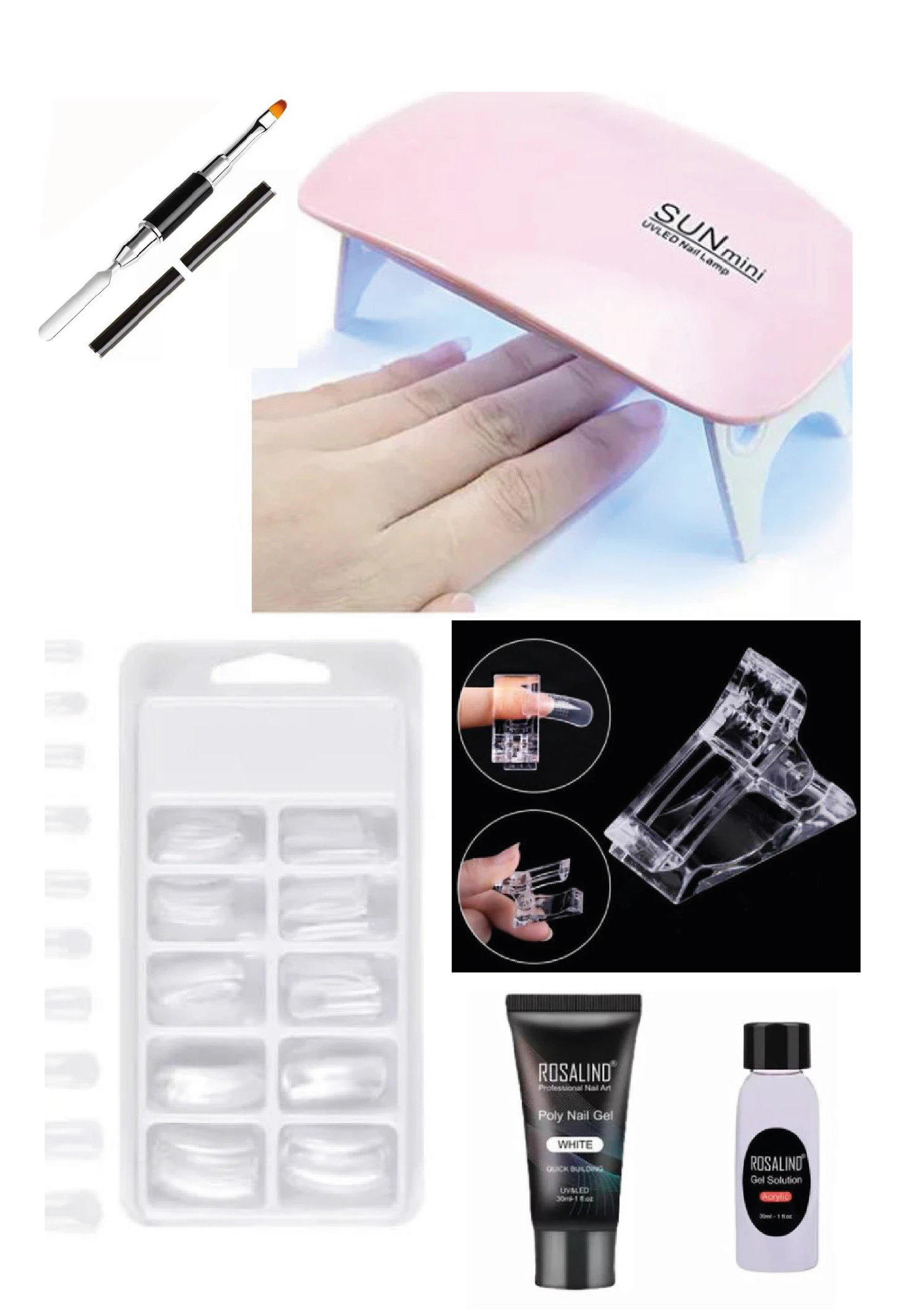 Kit de inicio para uñas en poli gel blanco, incluye lámpara UV LED rosa, espátula pincel doble, tips de uñas, clips de sujeción y solución moldeadora.