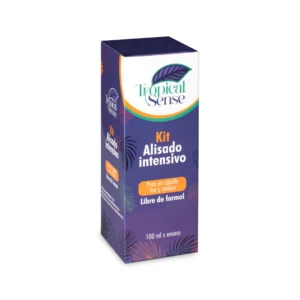 Empaque vertical de Kit Alisado Intensivo Tropical Sense, caja color morado con detalles tropicales, fórmula libre de formol, presentación de 100 ml.