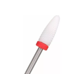 Punta para drill de cerámica blanca con textura estriada en forma cónica y base con anillo rojo, diseñada para manicura rusa y desbaste de acrílico.