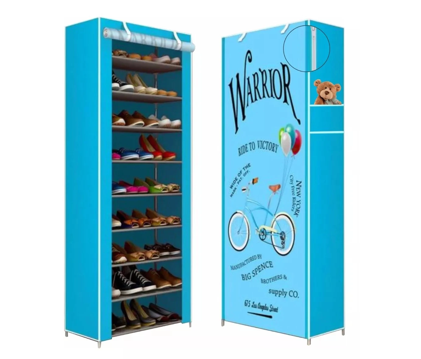 Zapatero azul de 9 niveles, con cubierta de tela y ruedas, lleno de varios tipos de zapatos.