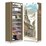 Organizador de zapatos de tela marrón de 9 niveles con diseño de ciudad europea en la puerta.