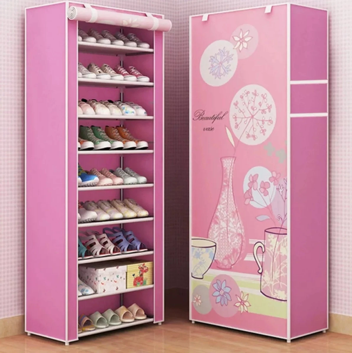 Organizador de zapatos rosa de 9 niveles con múltiples compartimentos para calzado y decoración floral en armario a juego.