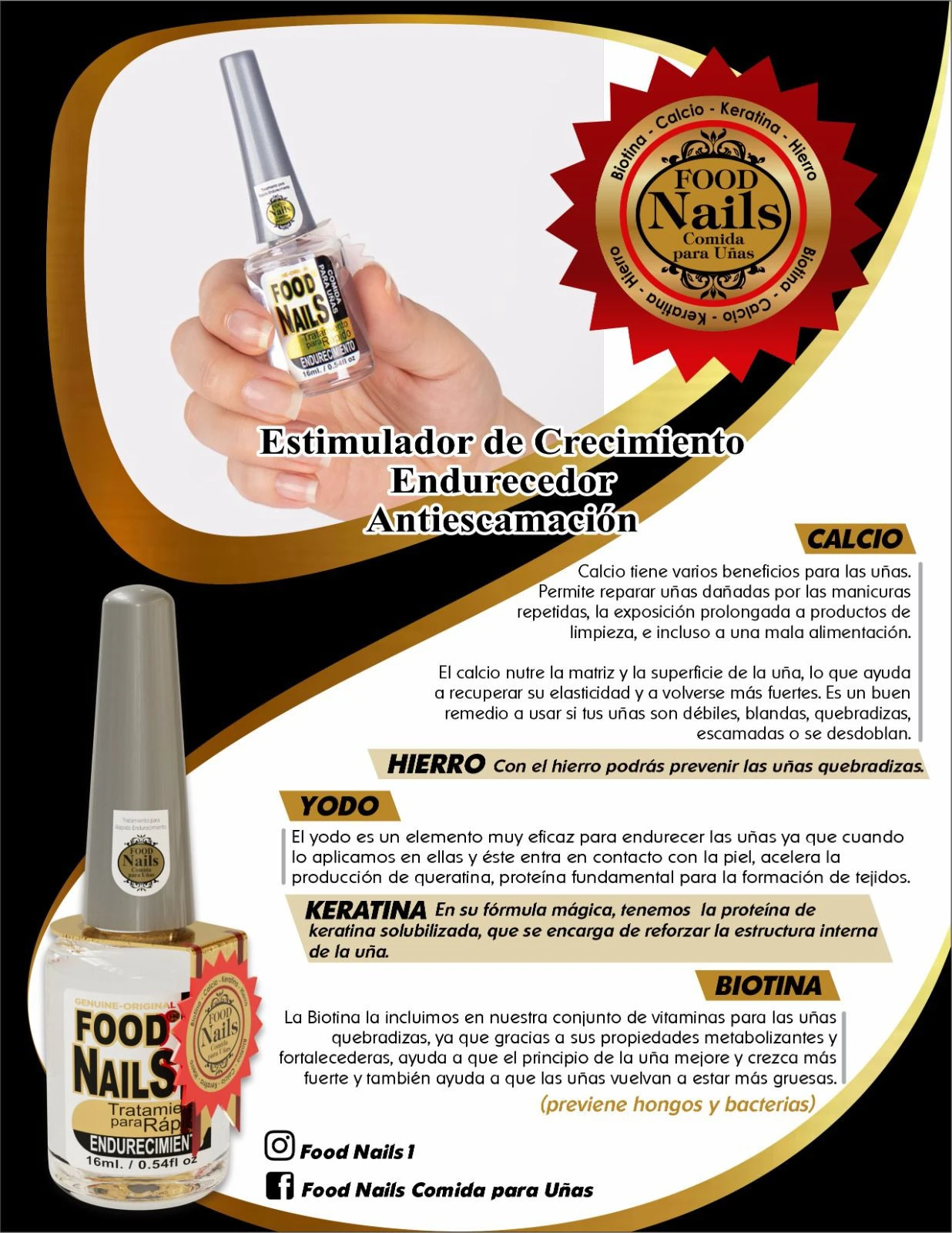 Set de tratamiento fortalecedor Food Nails de 16 ml, estimulador de crecimiento y antiescamación con biotina, calcio, queratina, hierro y yodo para uñas.