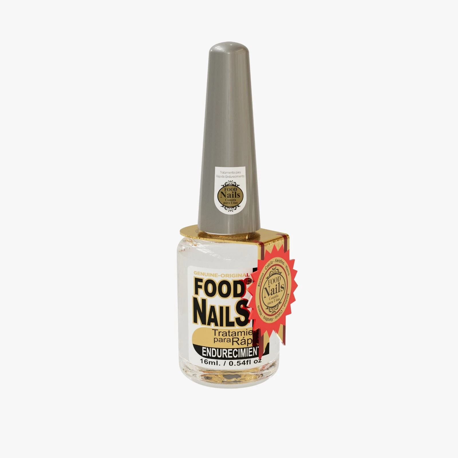 Tratamiento endurecedor para uñas Food Nails en frasco transparente de 16ml con tapa gris y etiqueta promocional dorada con detalle en forma de estrella.