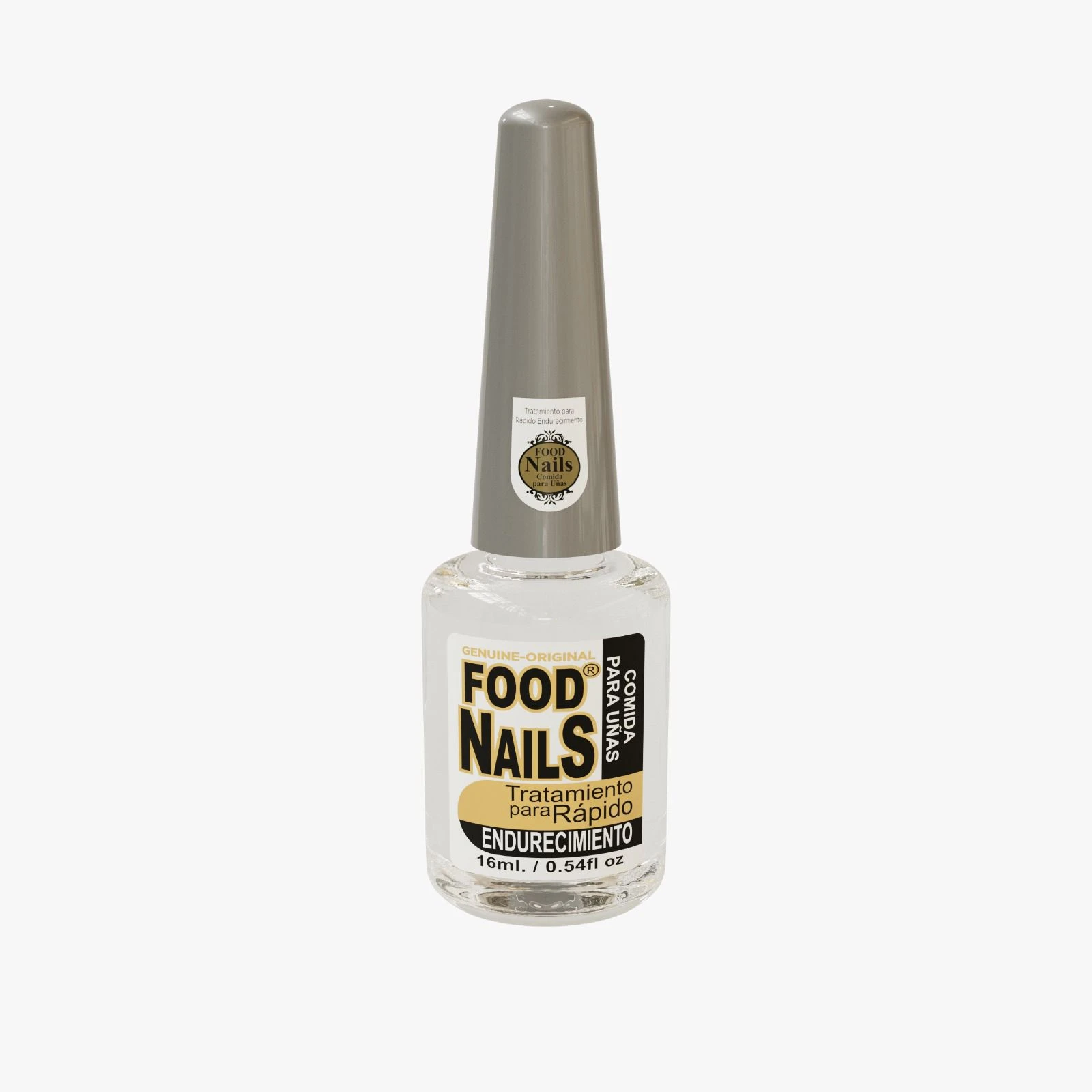 Frasco de tratamiento endurecedor de uñas Food Nails transparente, con tapa gris, sello dorado en el cuello y presentación de 16 ml / 0.54 fl oz.