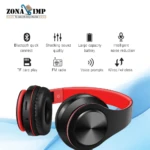 Auriculares inalámbricos tipo diadema Bth, negros y rojos, destacando funciones como Bluetooth, radio FM, batería grande y cancelación de ruido.