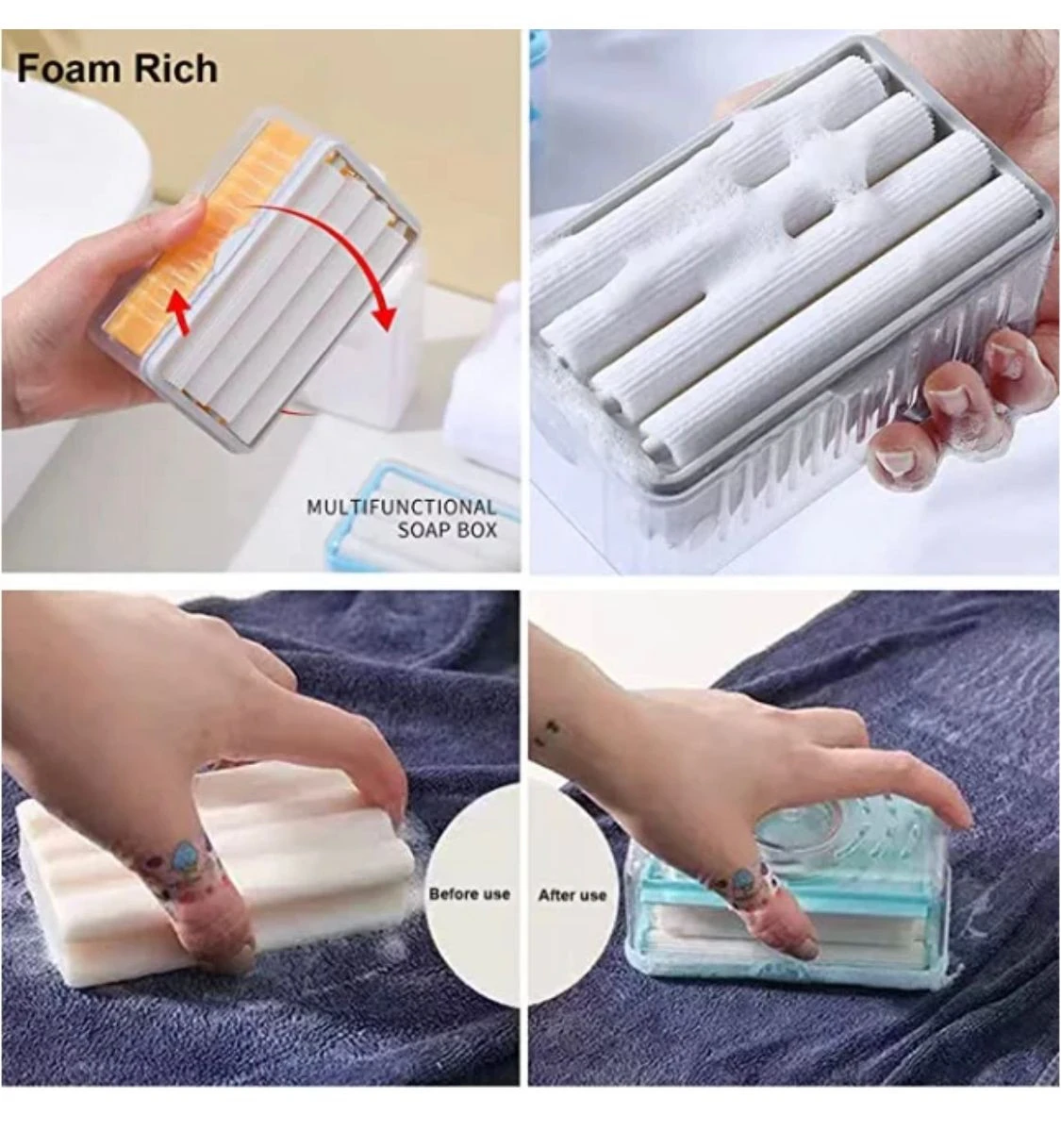 Dispensador de jabón portátil con rodillos que generan abundante espuma, ideal para viajes.