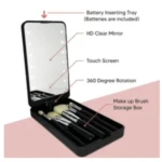 Espejo de maquillaje portátil LED con compartimento para brochas y pantalla táctil.