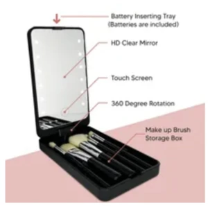 Espejo de maquillaje portátil LED con compartimento para brochas y pantalla táctil.