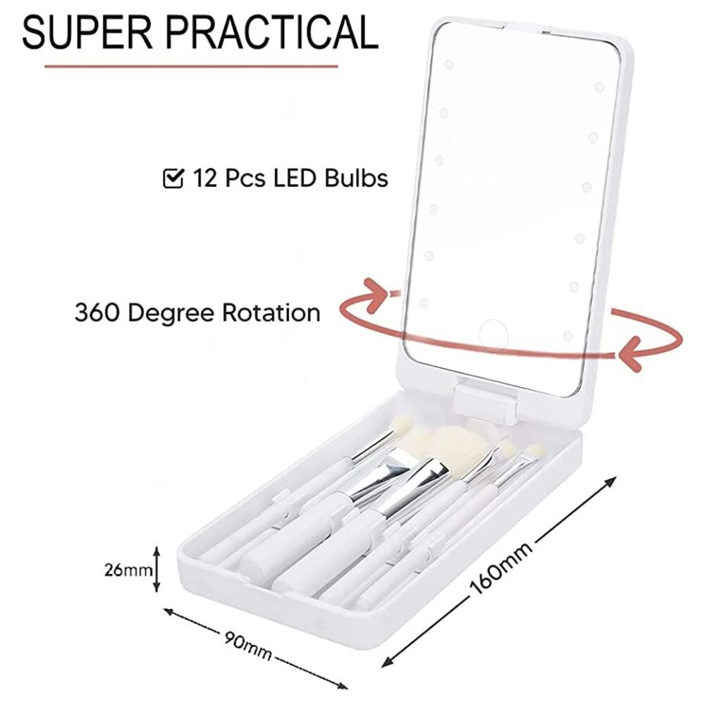 Espejo de maquillaje portátil con 12 luces LED, 360° de rotación, incluye set de brochas de cosmética, medidas 160x90x26mm.