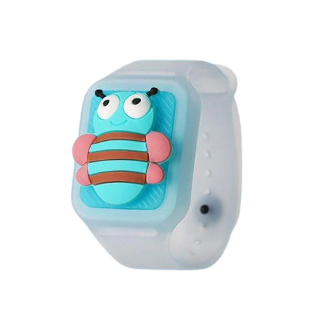 Manilla repelente con diseño de abeja azul y rayas, ideal para niños.