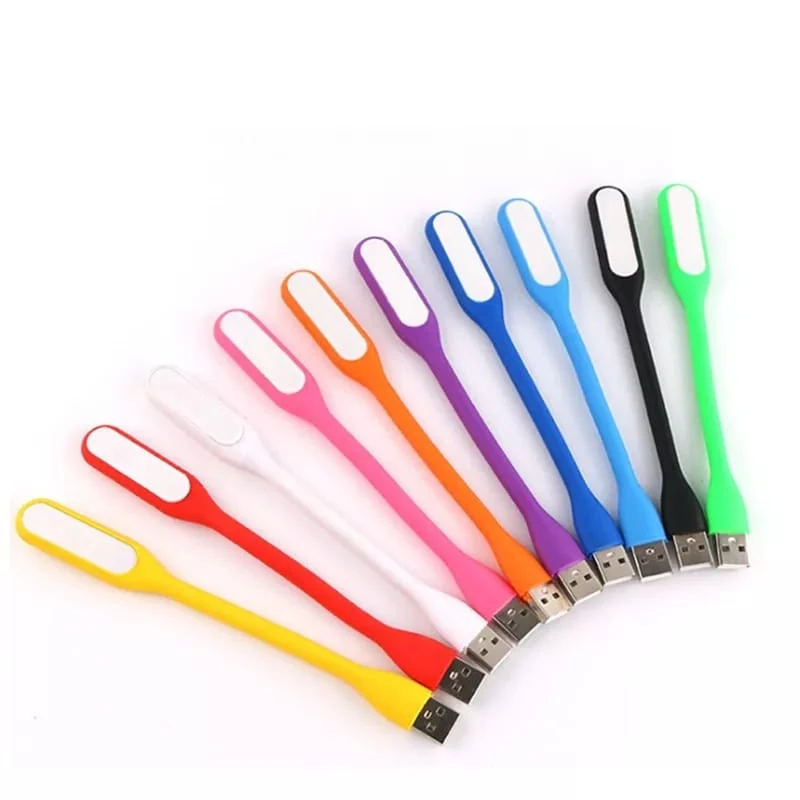 Set de lámparas portátiles USB de cuerpo flexible en colores variados: amarillo, rojo, blanco, rosa, naranja, morado, azul claro, azul oscuro, negro y verde.