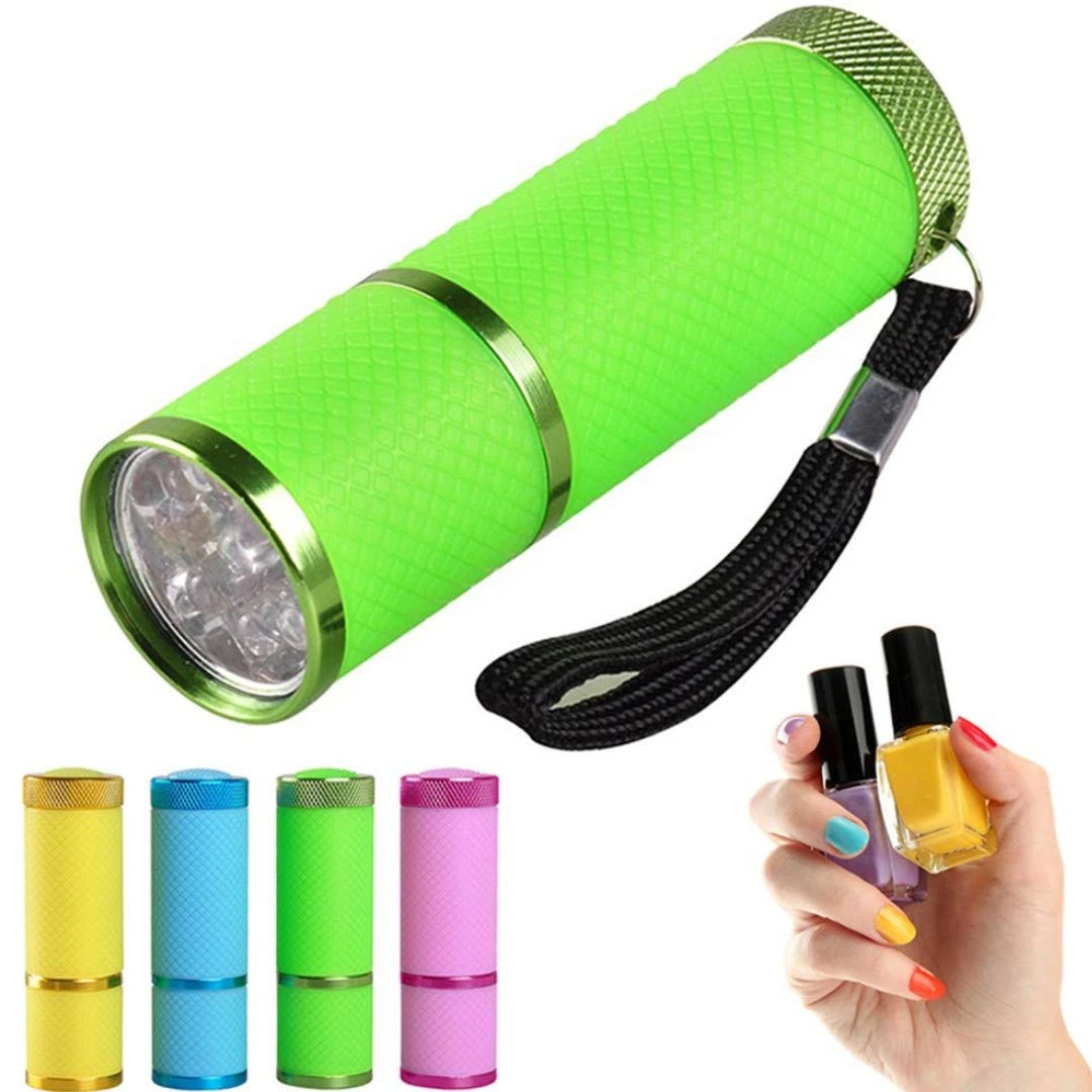 Mini linterna LED UV verde con 4 mini linternas de colores y esmalte de uñas.
