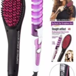 Kit de peinado con cepillo alisador negro y rizador espiral blanco con detalles violetas, incluye empaque promocional y botones de control de temperatura.