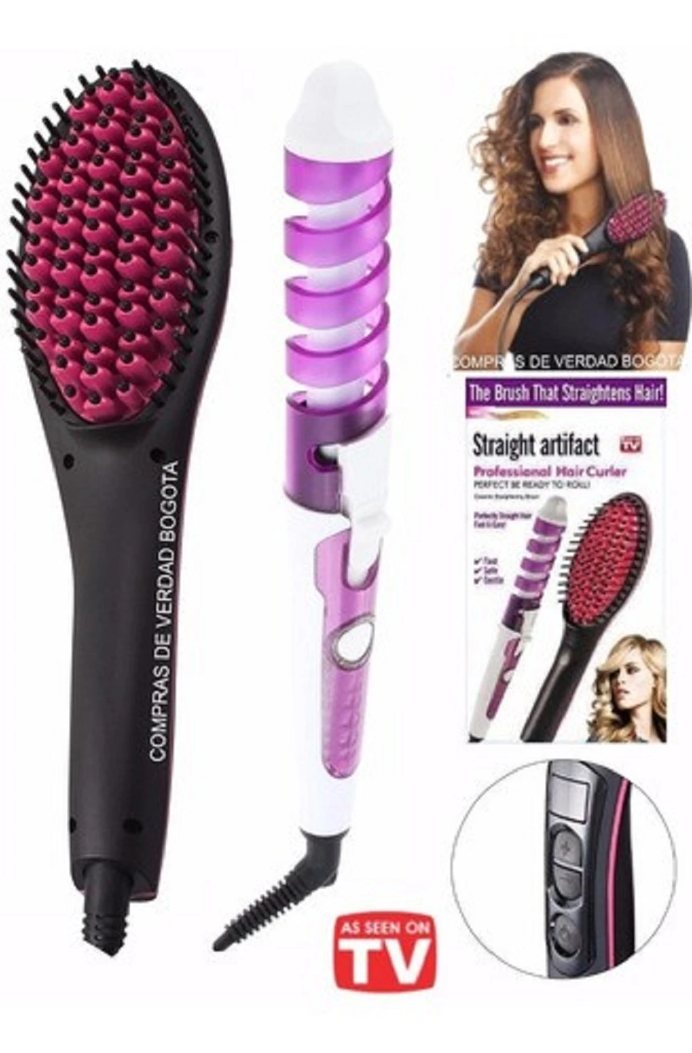 Kit de peinado con cepillo alisador negro y rizador espiral blanco con detalles violetas, incluye empaque promocional y botones de control de temperatura.