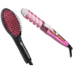 Set de peinado con un cepillo alisador negro y una rizadora espiral rosa de diseño ergonómico con cable, ambos dispositivos eléctricos para estilizado.