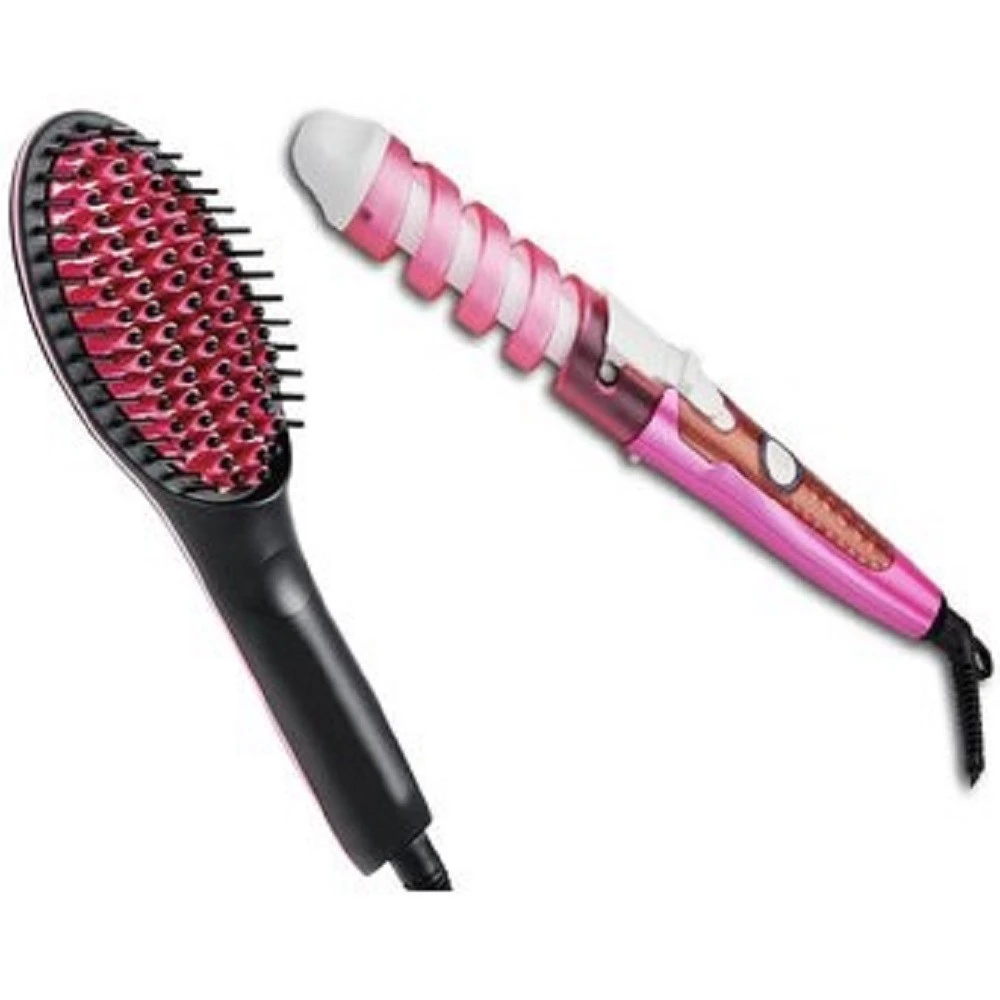 Set de peinado con un cepillo alisador negro y una rizadora espiral rosa de diseño ergonómico con cable, ambos dispositivos eléctricos para estilizado.