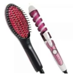 Cepillo alisador negro con cerdas rosadas y rizador con diseño en espiral color blanco y rosa, ambos herramientas eléctricas para peinado del cabello.
