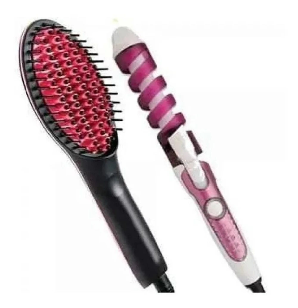 Cepillo alisador negro con cerdas rosadas y rizador con diseño en espiral color blanco y rosa, ambos herramientas eléctricas para peinado del cabello.