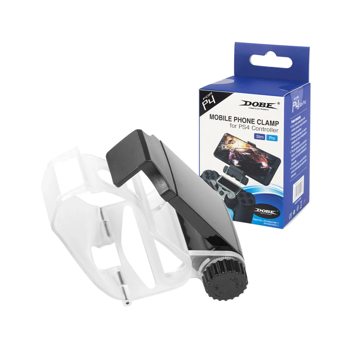 Gancho soporte celular negro transparente para control PS4 Slim Pro, con caja.