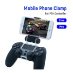 Soporte para celular color negro que se acopla a control PS4 Pro, permitiendo jugar con pantalla móvil.