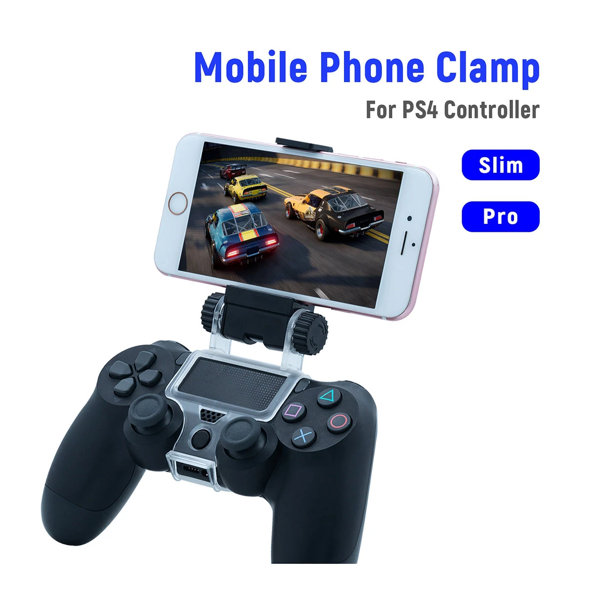 Soporte para celular color negro que se acopla a control PS4 Pro, permitiendo jugar con pantalla móvil.