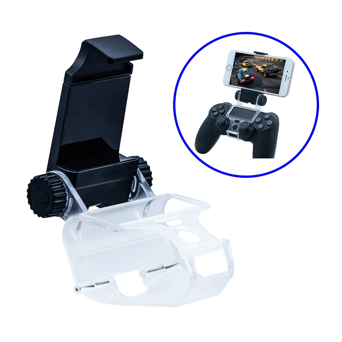 Soporte gancho para celular en control PS4 Pro, negro y transparente, ideal para juegos móviles.