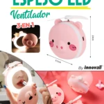 Espejo LED rosa con forma de cerdito y ventilador, ideal para maquillaje.