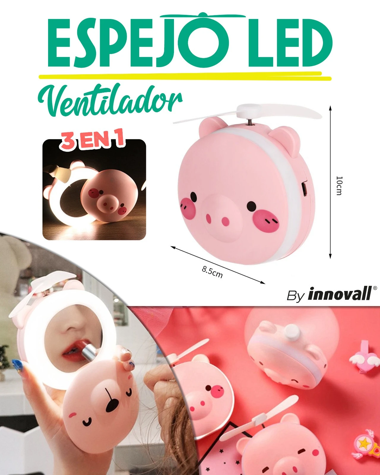Espejo LED rosa con forma de cerdito y ventilador, ideal para maquillaje.