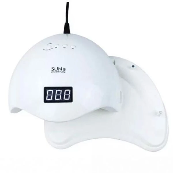 Lámpara UV LED blanca de 48W para uñas con pantalla digital, diseño ergonómico de cúpula y base removible para secado rápido de geles.