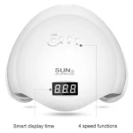 Lámpara UV LED blanca SUN5 de 48W con pantalla digital para tiempo, cuatro botones de temporizador en la parte superior y diseño ergonómico para uñas.