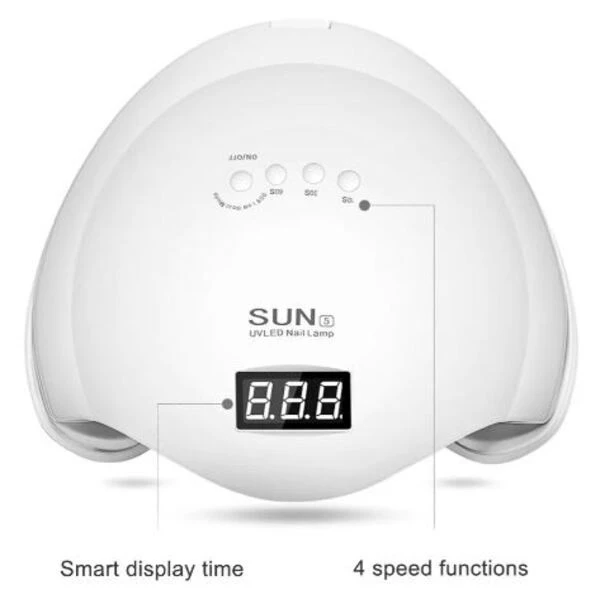 Lámpara UV LED blanca SUN5 de 48W con pantalla digital para tiempo, cuatro botones de temporizador en la parte superior y diseño ergonómico para uñas.