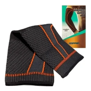 Codera elástica ortopédica negra con detalles en naranja, estilo alargado, junto a su empaque que indica soporte y cobre.