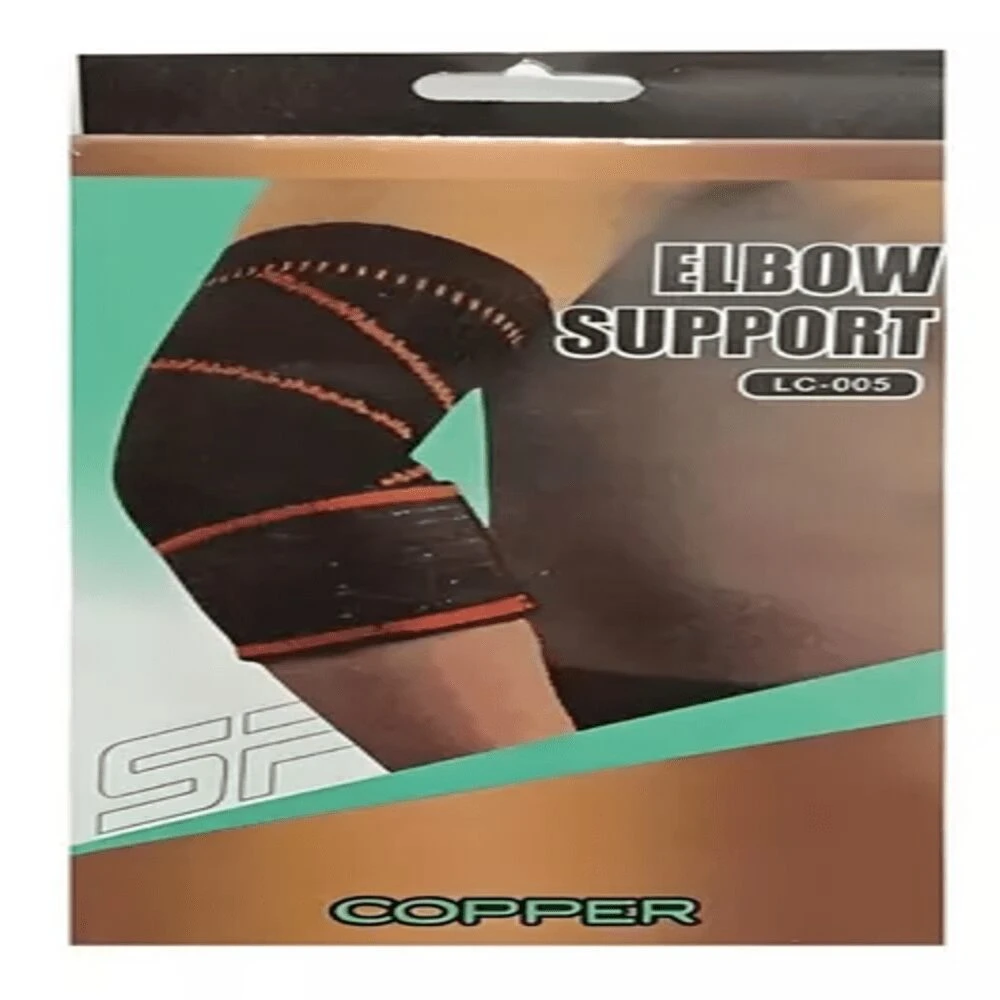 Codera elástica negra y naranja con tejido de compresión, empaque con texto "ELBOW SUPPORT LC-005 COPPER".
